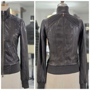 Mackage Dark Brown Leather Bomber Jacket with Ribbed Collar & Hem